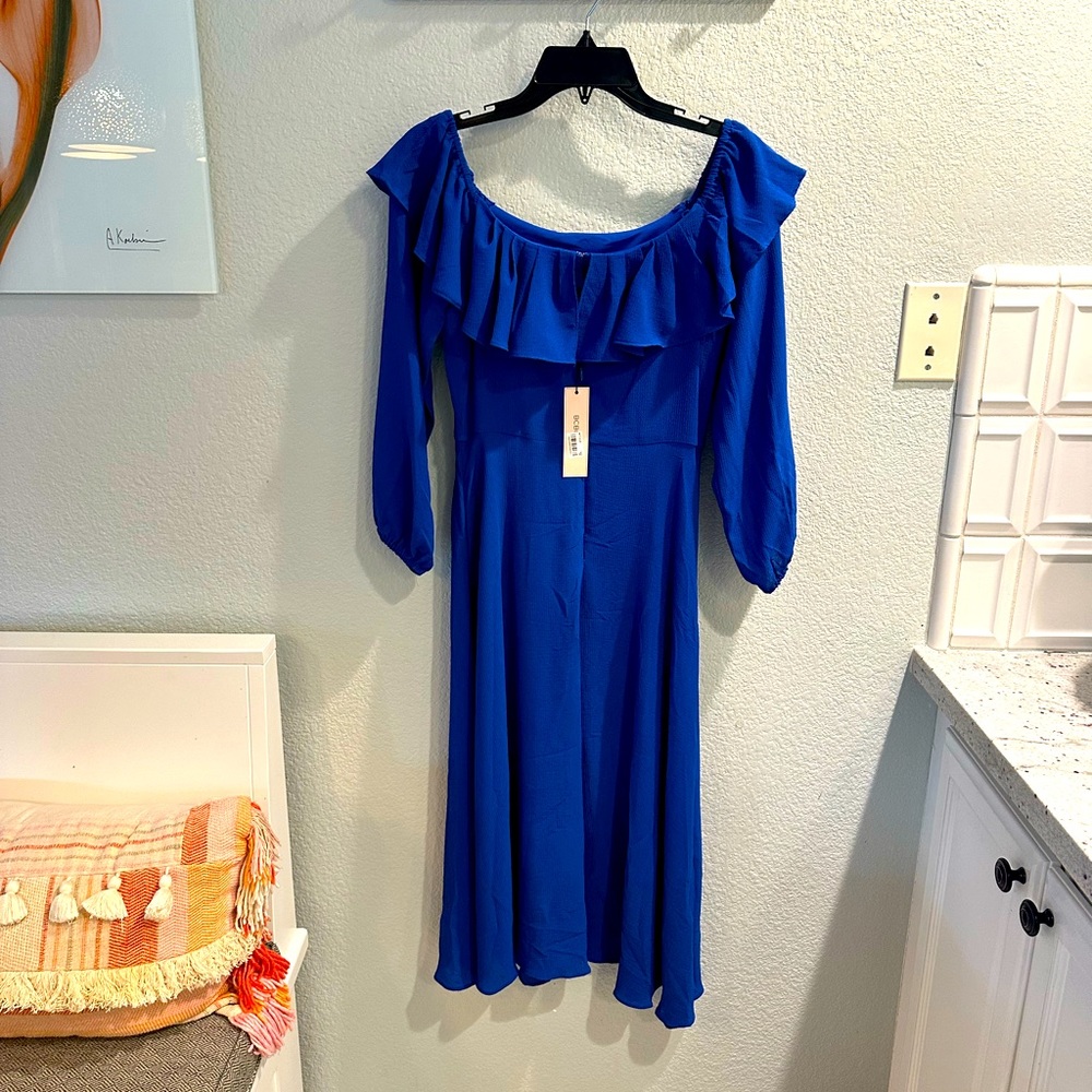 Off the shoulder BCBG blue flowing dress